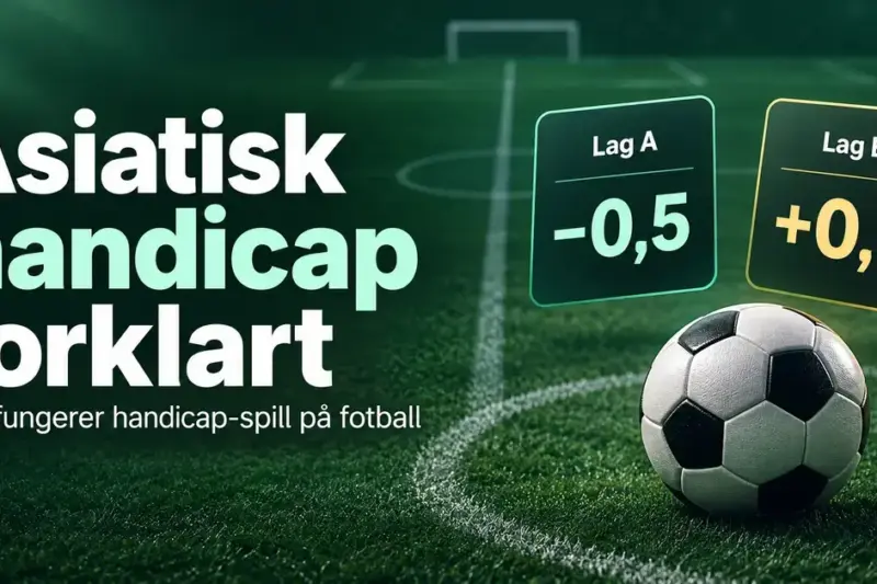 Illustrasjon av asiatisk handicap i fotball med en fotball på banen og kort som viser Lag A med −0,5 mål og Lag B med +0,5 mål.
