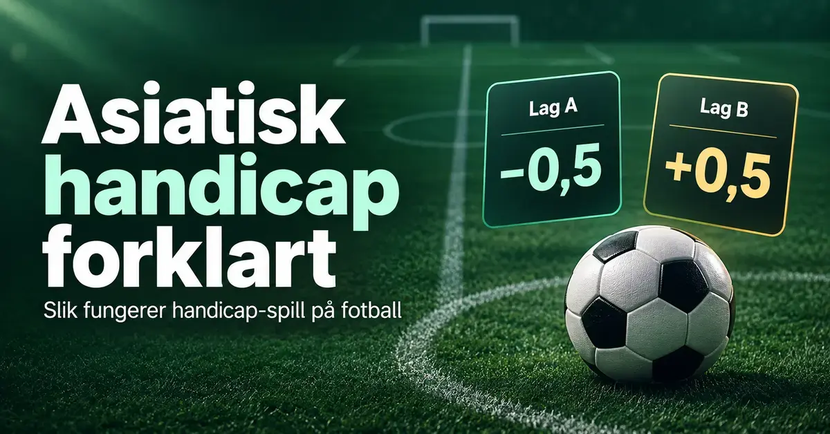 Illustrasjon av asiatisk handicap i fotball med en fotball på banen og kort som viser Lag A med −0,5 mål og Lag B med +0,5 mål.
