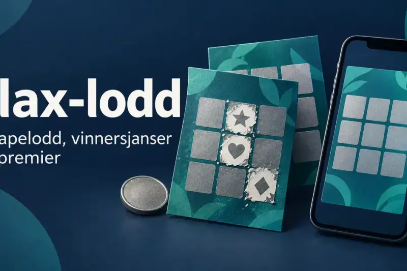 Illustrasjon av skrapelodd, en mynt og et digitalt lodd på mobil ved siden av teksten «Flax-lodd – Skrapelodd, vinnersjanser og premier».