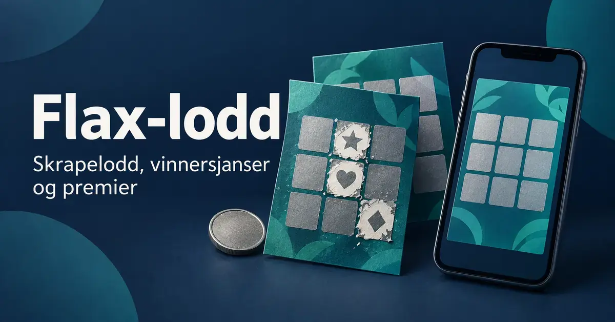 Illustrasjon av skrapelodd, en mynt og et digitalt lodd på mobil ved siden av teksten «Flax-lodd – Skrapelodd, vinnersjanser og premier».