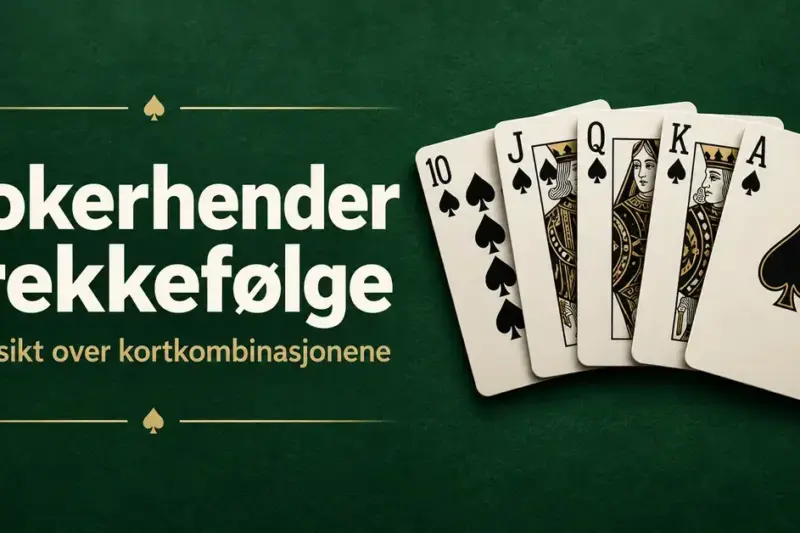 Fem spillkort viser en royal flush i spar på mørkegrønn bakgrunn ved siden av teksten «Pokerhender i rekkefølge».