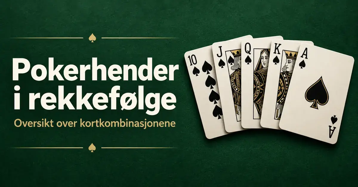 Fem spillkort viser en royal flush i spar på mørkegrønn bakgrunn ved siden av teksten «Pokerhender i rekkefølge».