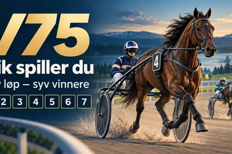 Illustrasjon av travhester med kusker i sulky på en travbane, med teksten «V75 – Slik spiller du» og syv nummererte ruter som symboliserer løpene.