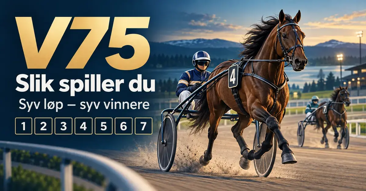 Illustrasjon av travhester med kusker i sulky på en travbane, med teksten «V75 – Slik spiller du» og syv nummererte ruter som symboliserer løpene.