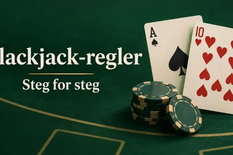 Spar ess og hjerter ti med spillejetonger på et grønt blackjackbord ved siden av teksten «Blackjack-regler – Steg for steg».