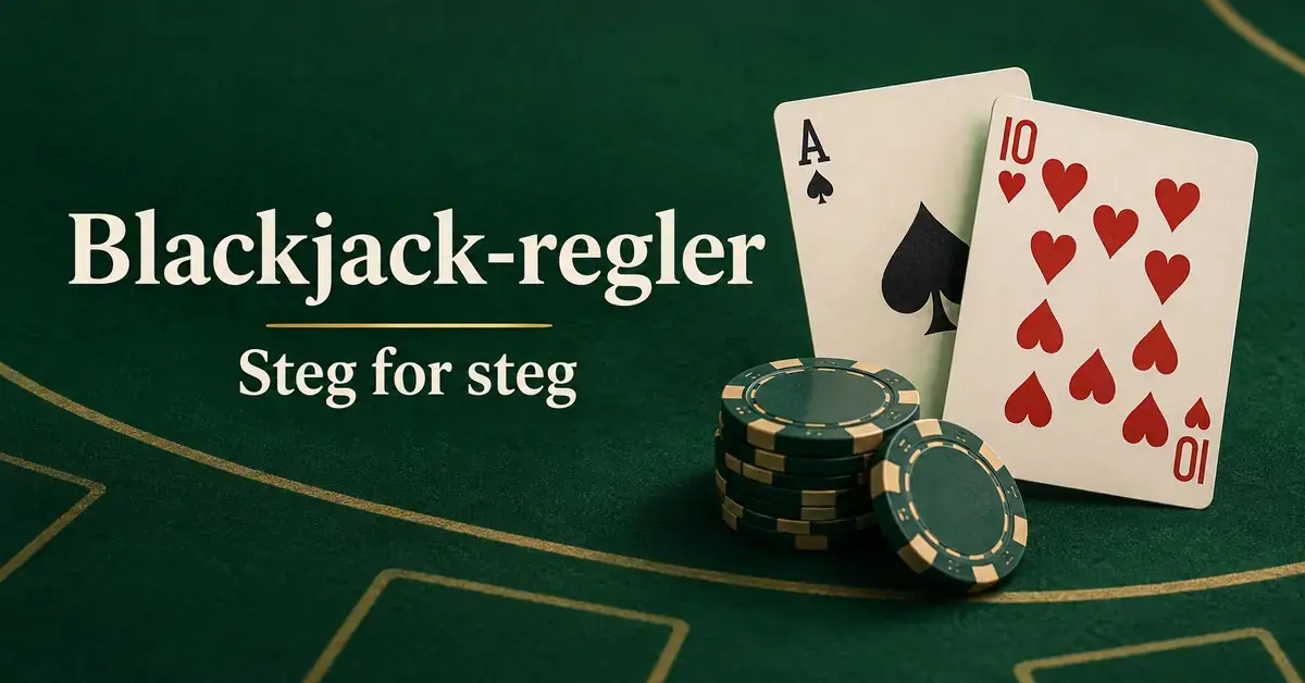Spar ess og hjerter ti med spillejetonger på et grønt blackjackbord ved siden av teksten «Blackjack-regler – Steg for steg».