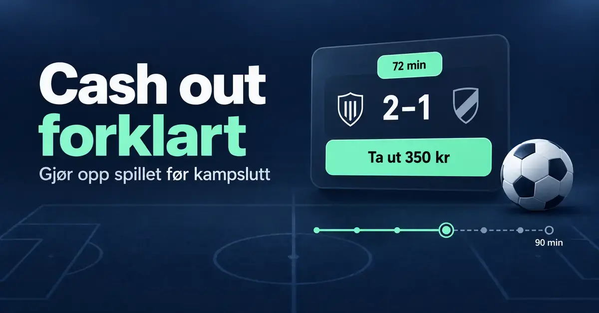 Illustrasjon av cash out med et tilbud om å ta ut 350 kroner etter 72 minutter av en fotballkamp, før kampslutt.