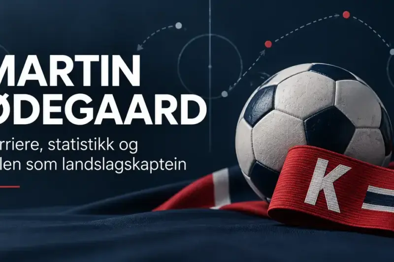 Grafikk med fotball, rødt kapteinsbind og taktiske pasningslinjer ved siden av teksten «Martin Ødegaard – Karriere, statistikk og rollen som landslagskaptein».