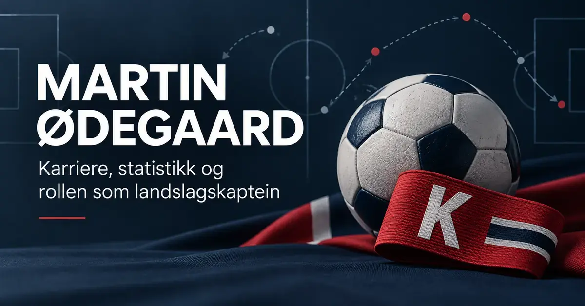 Grafikk med fotball, rødt kapteinsbind og taktiske pasningslinjer ved siden av teksten «Martin Ødegaard – Karriere, statistikk og rollen som landslagskaptein».