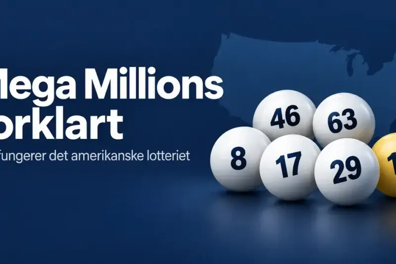 Fem hvite lottokuler og én gul kule foran et kart over USA, med teksten «Mega Millions forklart – Slik fungerer det amerikanske lotteriet».