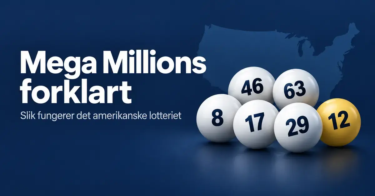 Fem hvite lottokuler og én gul kule foran et kart over USA, med teksten «Mega Millions forklart – Slik fungerer det amerikanske lotteriet».