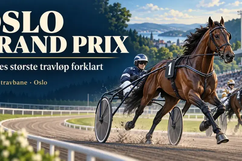 Illustrasjon av to travhester med kusker i sulky på en travbane, med teksten «Oslo Grand Prix – Norges største travløp forklart».