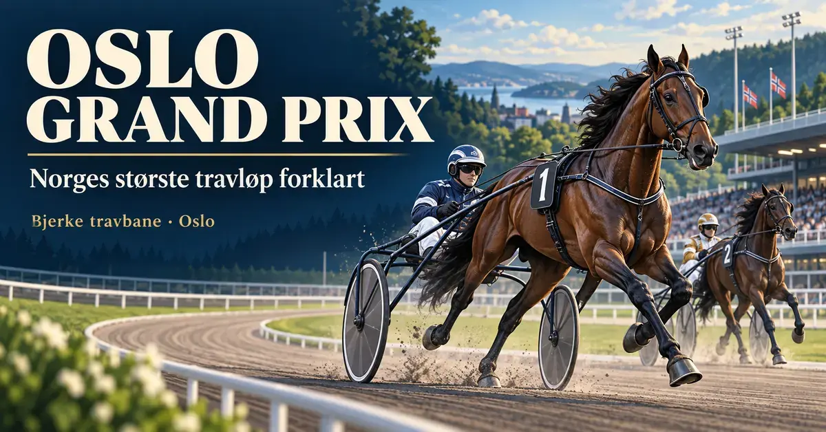 Illustrasjon av to travhester med kusker i sulky på en travbane, med teksten «Oslo Grand Prix – Norges største travløp forklart».