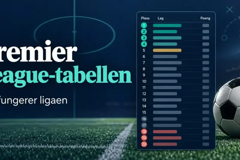 Illustrasjon av Premier League-tabellen med 20 plasseringer, fargemarkerte tabellsoner og en fotball på en fotballbane.