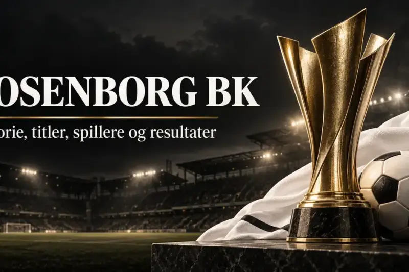 Grafikk om Rosenborg BK med et gullfarget trofé, en fotball og hvitt stoff foran et flombelyst stadion, med teksten «Rosenborg BK – Historie, titler, spillere og resultater».