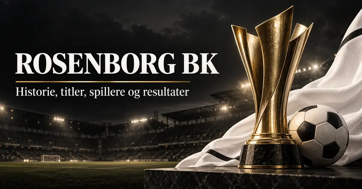 Grafikk om Rosenborg BK med et gullfarget trofé, en fotball og hvitt stoff foran et flombelyst stadion, med teksten «Rosenborg BK – Historie, titler, spillere og resultater».