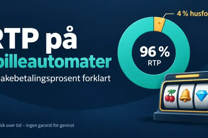 Illustrasjon av en spilleautomat og et sirkeldiagram som viser 96 prosent RTP og 4 prosent husfordel, med presisering om at tilbakebetalingen gjelder over tid og ikke garanterer gevinst.