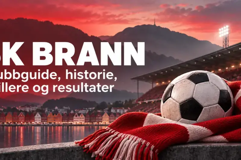 Illustrasjon til klubbguide om SK Brann med fotball, rødt og hvitt supporterskjerf, stadion og Bergens fjell og sjøfront i bakgrunnen.