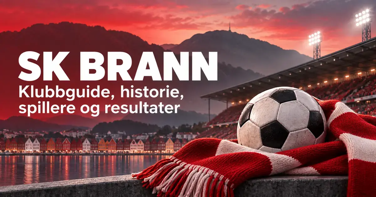 Illustrasjon til klubbguide om SK Brann med fotball, rødt og hvitt supporterskjerf, stadion og Bergens fjell og sjøfront i bakgrunnen.
