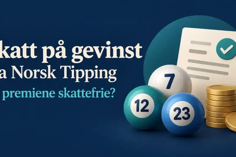 Illustrasjon av lottokuler, mynter og et dokument med hake ved siden av teksten «Skatt på gevinst fra Norsk Tipping – Er premiene skattefrie?».