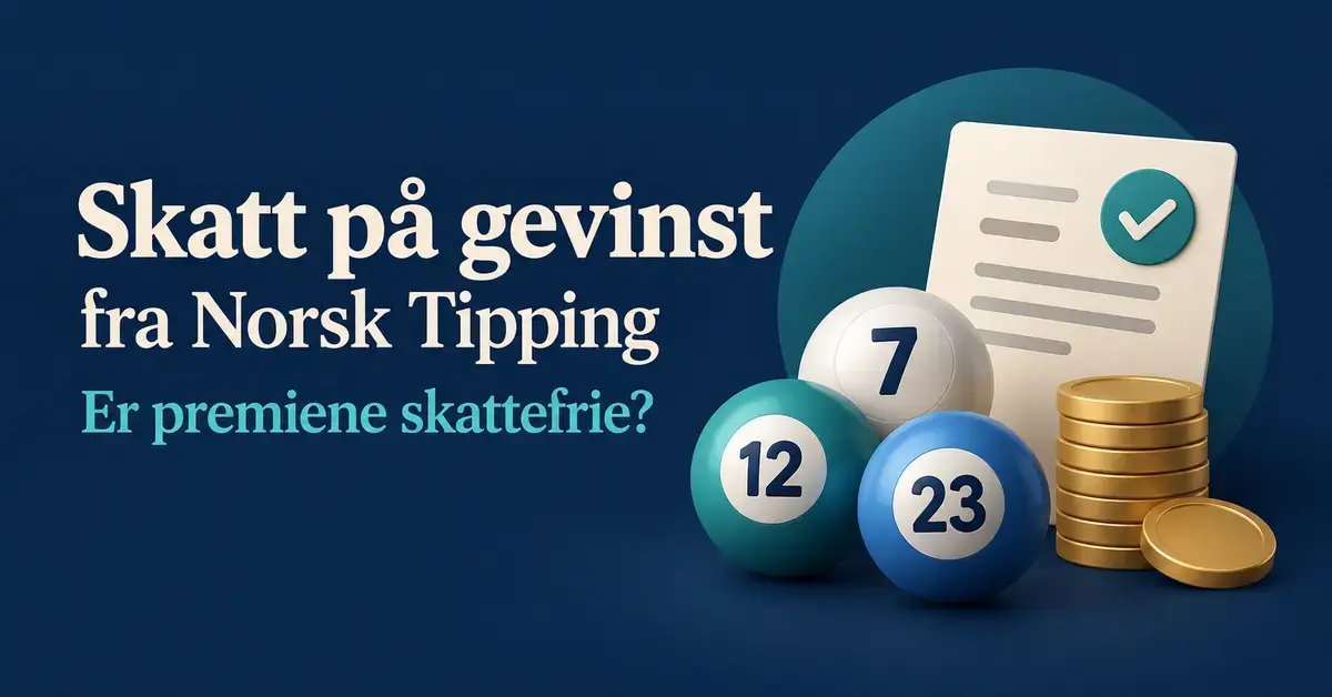 Illustrasjon av lottokuler, mynter og et dokument med hake ved siden av teksten «Skatt på gevinst fra Norsk Tipping – Er premiene skattefrie?».