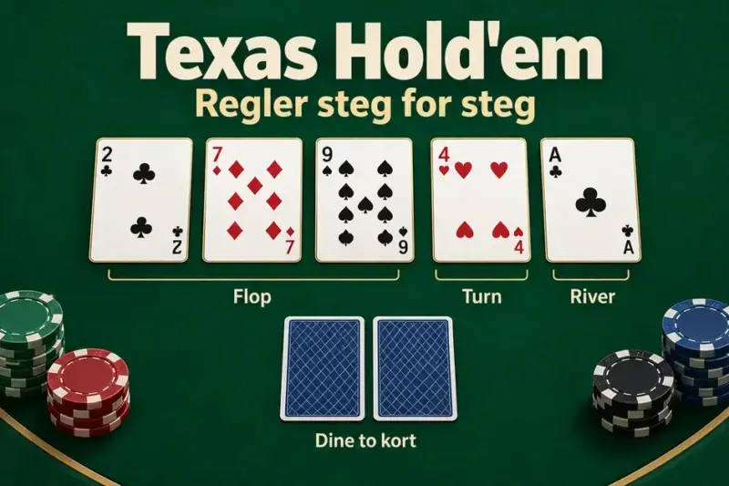 Illustrasjon av Texas Hold'em med fem felleskort fordelt på flop, turn og river, to skjulte spillerkort og stabler med pokerjetonger på et grønt bord.