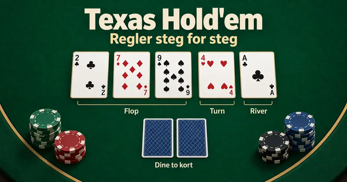 Illustrasjon av Texas Hold'em med fem felleskort fordelt på flop, turn og river, to skjulte spillerkort og stabler med pokerjetonger på et grønt bord.