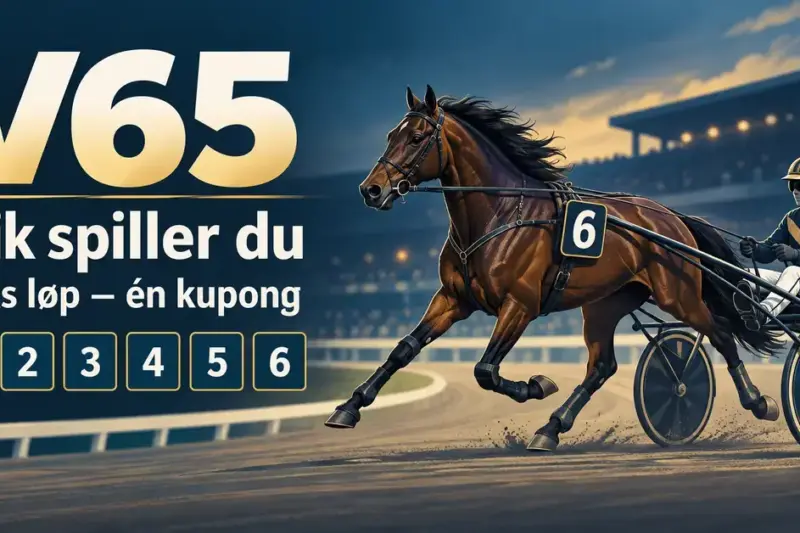 Illustrasjon av en travhest med sulky og kusk ved siden av teksten «V65 – Slik spiller du – Seks løp – én kupong» og seks nummererte ruter.
