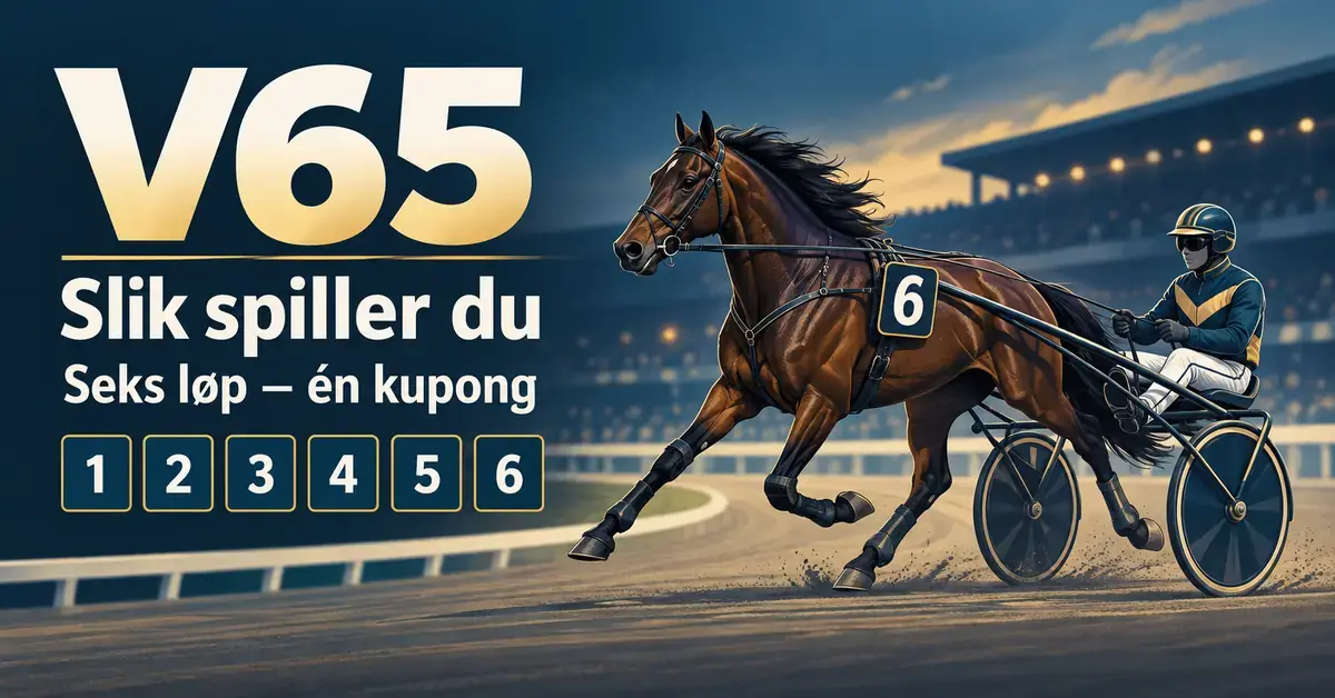 Illustrasjon av en travhest med sulky og kusk ved siden av teksten «V65 – Slik spiller du – Seks løp – én kupong» og seks nummererte ruter.