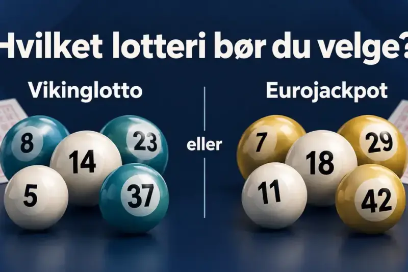 Illustrasjon av turkise og gylne lottokuler under navnene Vikinglotto og Eurojackpot, med teksten «Hvilket lotteri bør du velge?».